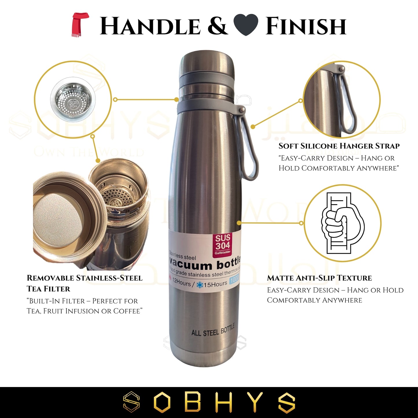 SOBHYS Stainless Steel Insulated Bottle Hot & Cold Flask, 1L/1000ml, SUS 304 Double-Wall Thermal with removable Filter, 12-15 Hours Temperature Retention (1, Silver, 1000 ml/1 L)