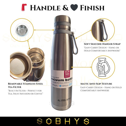SOBHYS Stainless Steel Insulated Bottle Hot & Cold Flask, 1L/1000ml, SUS 304 Double-Wall Thermal with removable Filter, 12-15 Hours Temperature Retention (1, Silver, 1000 ml/1 L)
